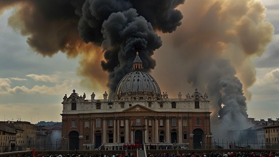 Black smoke billows from the Sistine Chapel chimney in Vatican City, indicating no pope elected in the 2025 conclave.
