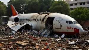 Smoke rises from the wreckage of an Air India Boeing 787 in a residential area of Ahmedabad, surrounded by emergency responders.
