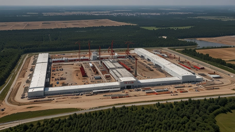 Construction cranes and partially built structures at Tesla’s Gigafactory in Berlin, Germany, highlighting ongoing expansion delays.