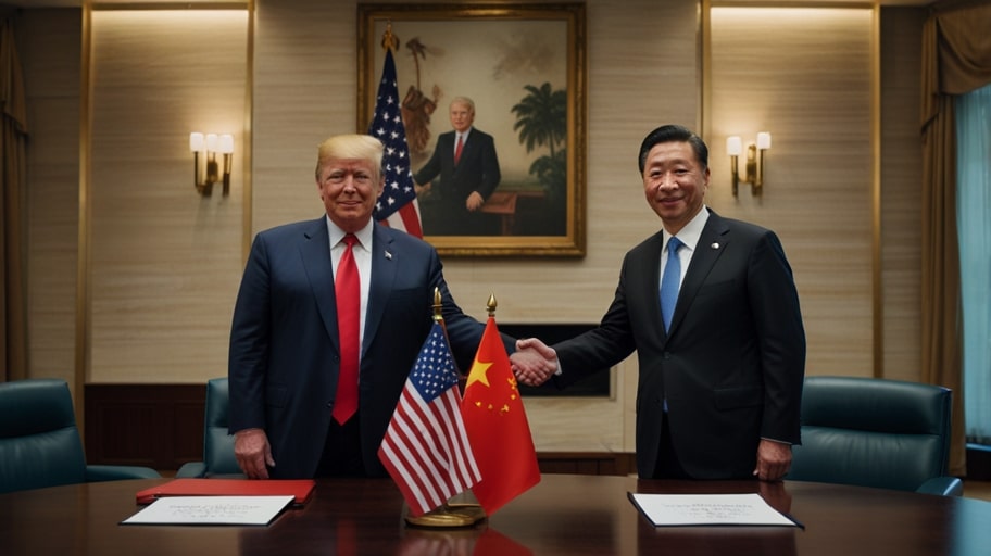 Two diplomats shake hands in a modern conference room with U.S. and Chinese flags in the background, symbolizing the 2025 trade deal.