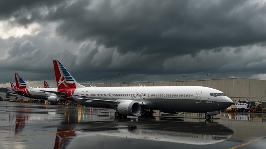 A silent Boeing factory with idle 737 MAX jets under a cloudy sky, symbolizing production halts.