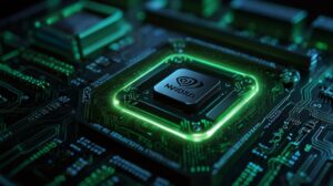 A sleek Nvidia AI chip glowing against a futuristic digital backdrop with circuit patterns.