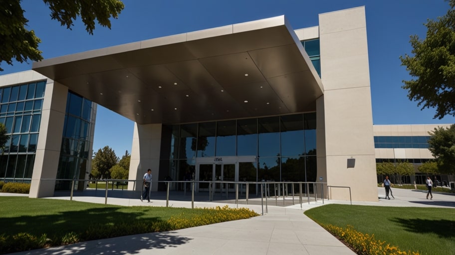 A modern office building with Intel’s logo prominently displayed, surrounded by employees entering and exiting under cloudy skies.