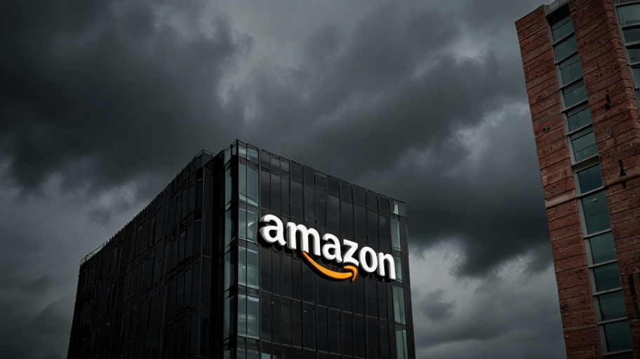 Amazon’s Dublin office with a stormy sky, symbolizing the EU’s intense scrutiny over its data privacy practices.