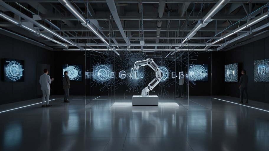 A futuristic digital rendering of Google’s AI research lab, glowing with holographic displays and neural network visuals.