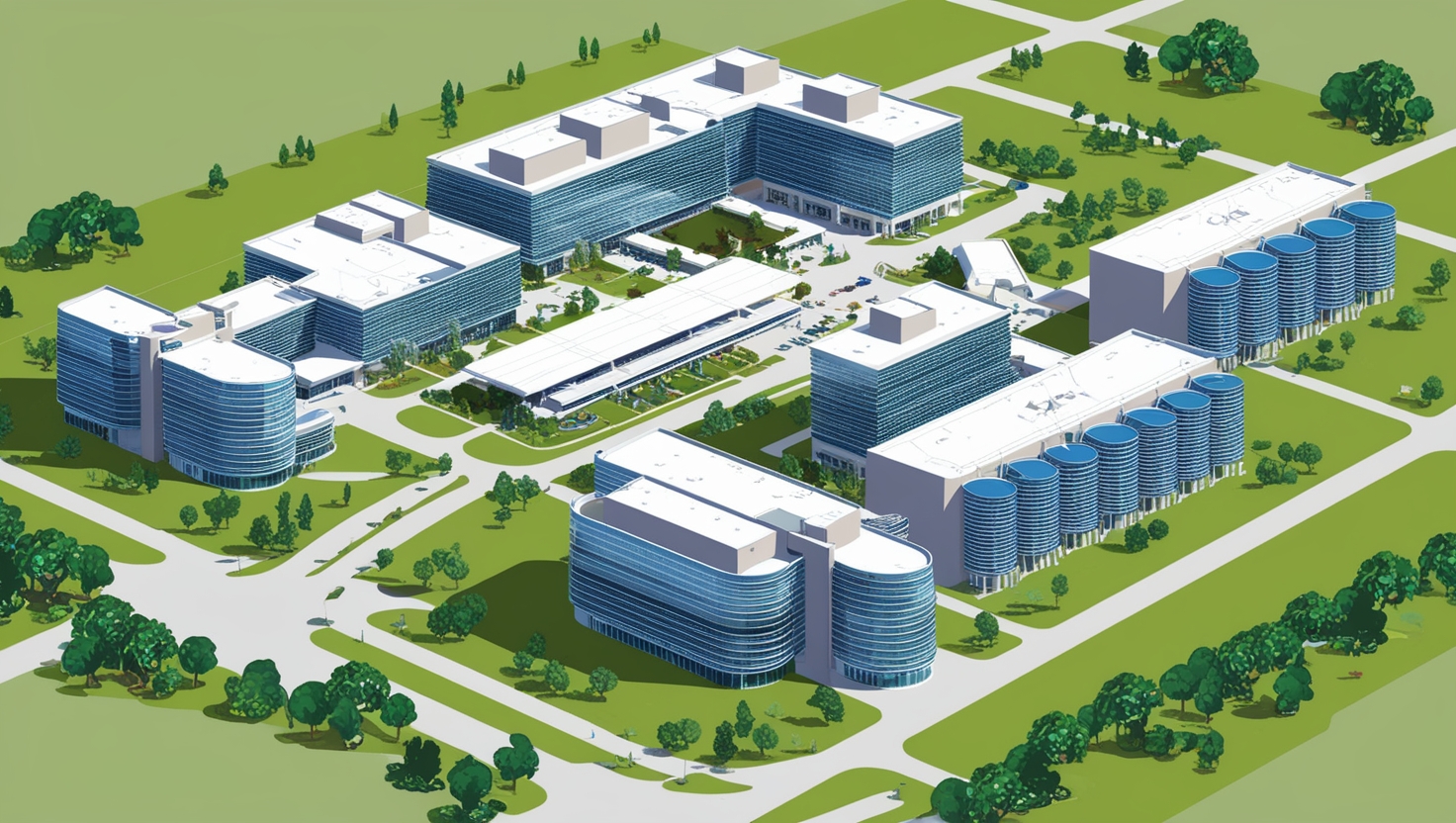 Aerial view of Microsoft’s modern campus in Redmond, Washington, showcasing sleek buildings and green spaces.
