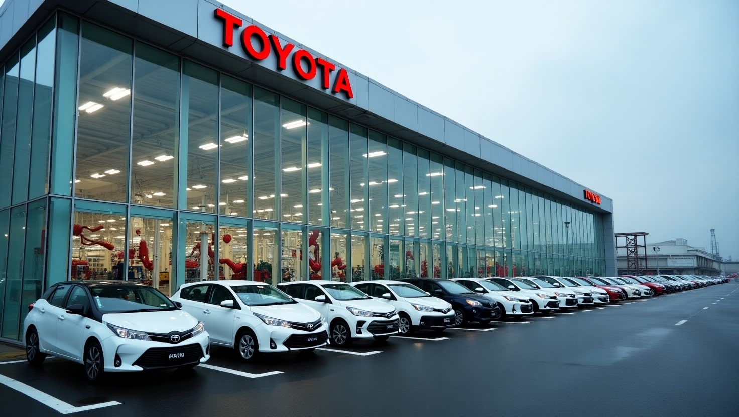 A wide-angle view of Toyota’s manufacturing plant in Aichi, Japan, with production lines visible through large windows and several vehicles parked outside under a cloudy sky.