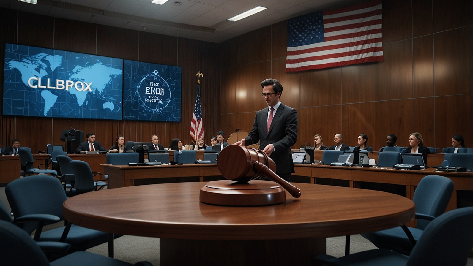 Digital illustration of a courtroom scene with Clorox and Cognizant logos on opposing sides, symbolizing their $380 million lawsuit over a 2023 cyberattack.