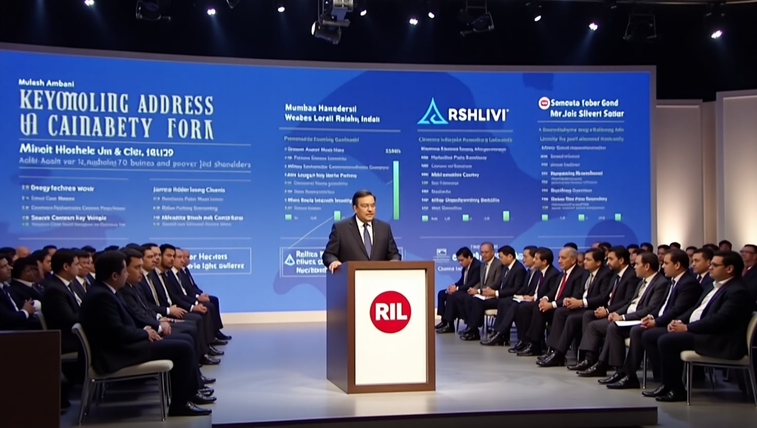 Mukesh Ambani speaking at a podium during Reliance Industries' 48th Annual General Meeting in Mumbai, with a large screen displaying the RIL logo and financial highlights.