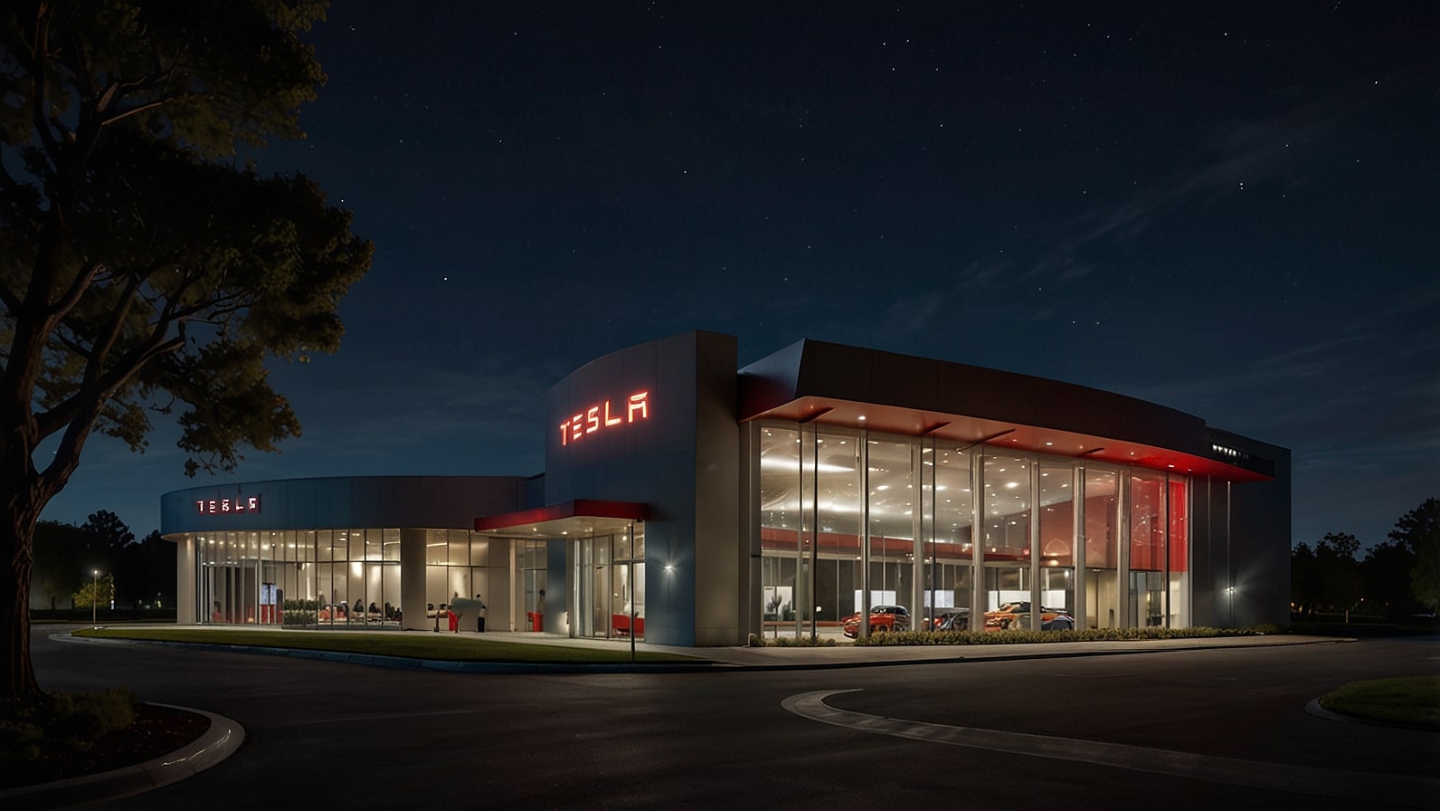 A nighttime view of Tesla's headquarters with glowing lights, symbolizing the company's ongoing innovation despite recent legal and economic hurdles.