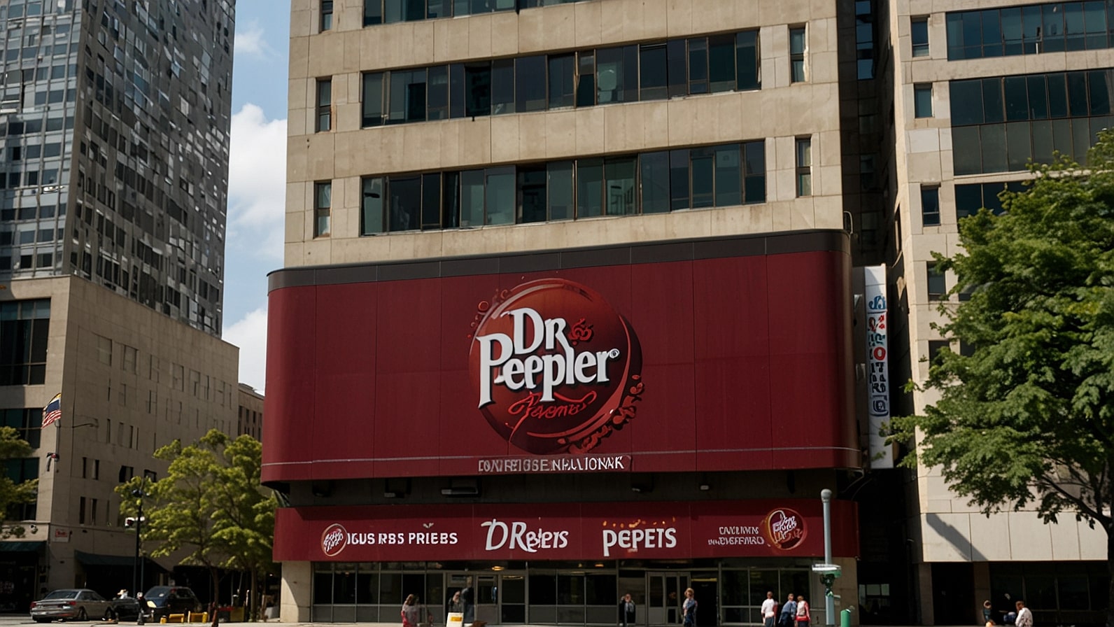 Exterior view of Keurig Dr Pepper’s corporate headquarters in New York, with a digital billboard displaying the company logo and news of the $18 billion JDE Peet’s acquisition.