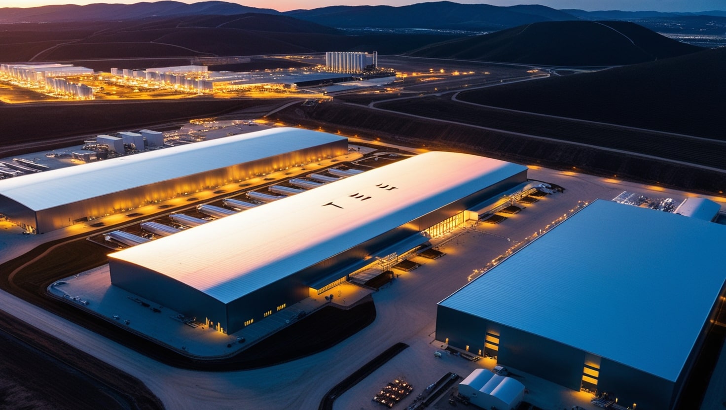 Aerial view of Tesla's Gigafactory illuminated at dusk with modern industrial buildings and surrounding landscape.