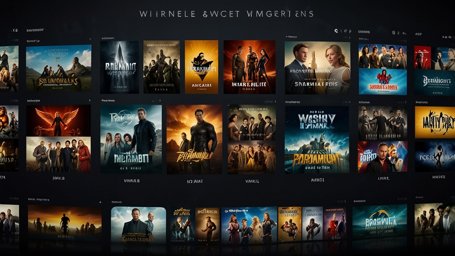 A vibrant collage featuring the Warner Bros. Discovery logo alongside Paramount and Skydance Media logos, with a backdrop of iconic film reels and a streaming interface, symbolizing a potential media merger.