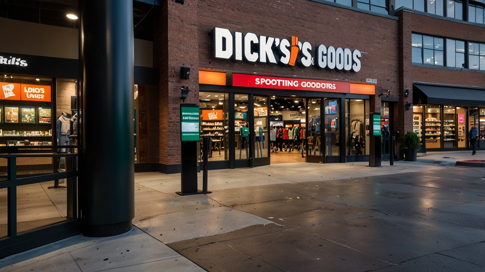 Aerial view of a DICK’S Sporting Goods and Foot Locker store side by side, symbolizing their $2.4 billion merger in 2025.