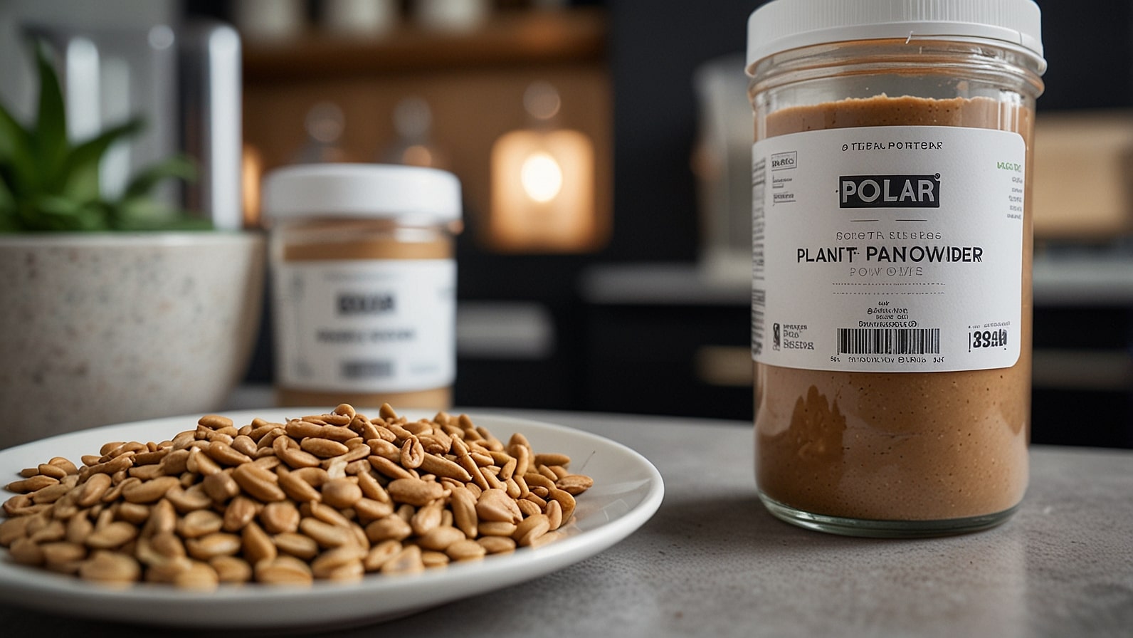 A close-up shot of Polar Protein's ProTerra plant-based protein powder being measured in a modern Finnish food laboratory, with samples of Nordic oats and fava beans beside it.