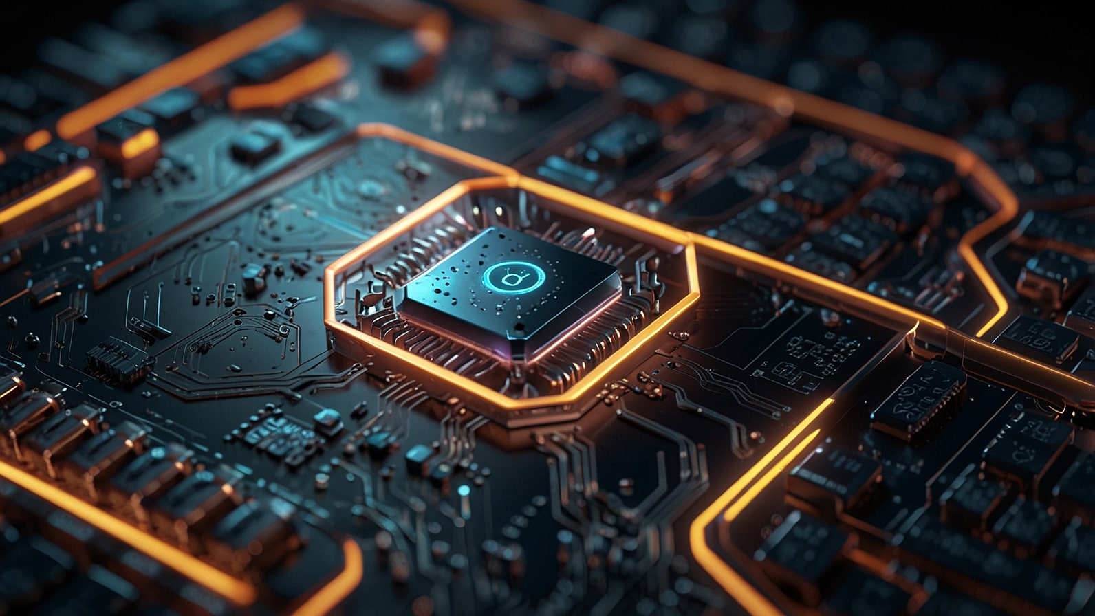 A detailed, futuristic 3D render of the Aetherius Quantum Leap Initiative logo, featuring a glowing quantum circuit board that transforms into a stylized leap, set against a dark, sophisticated background.
