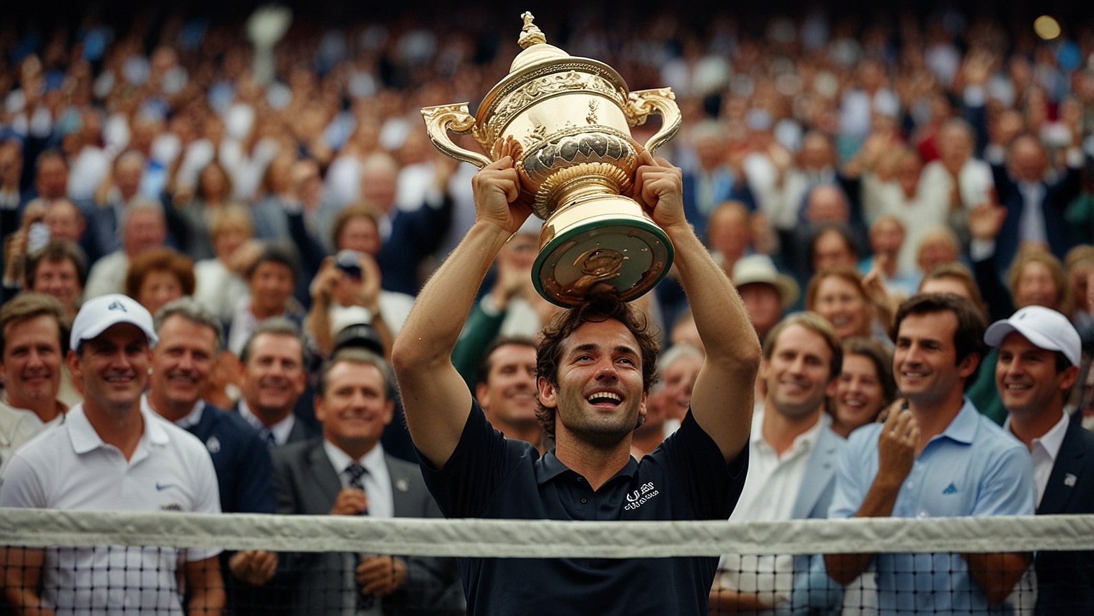 Mark lifting his 21st Grand Slam trophy after a four-hour, five-set tennis final in front of cheering fans