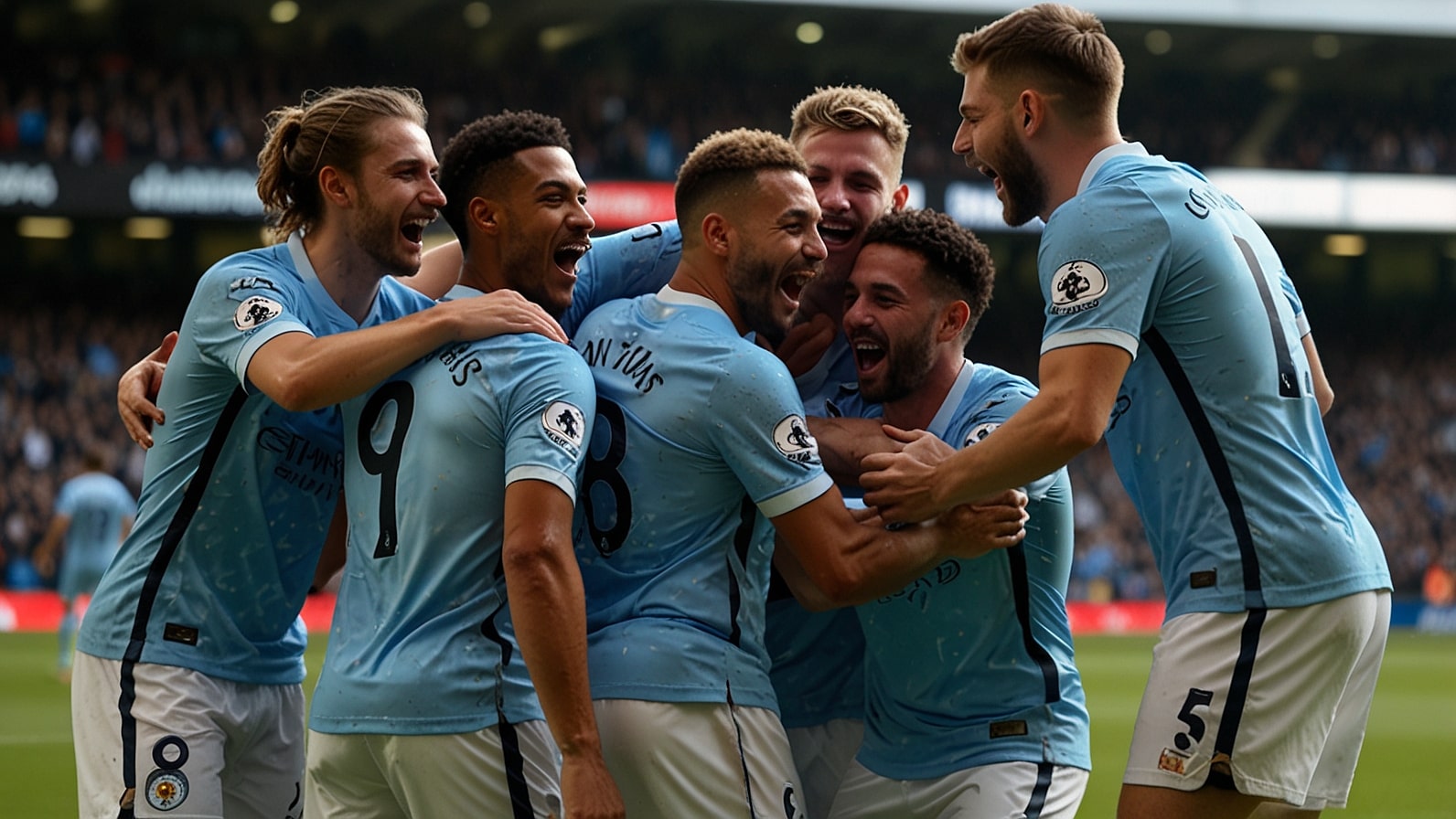 City players celebrating a last-minute 99th-minute goal against United in a high-scoring 14–9 football match