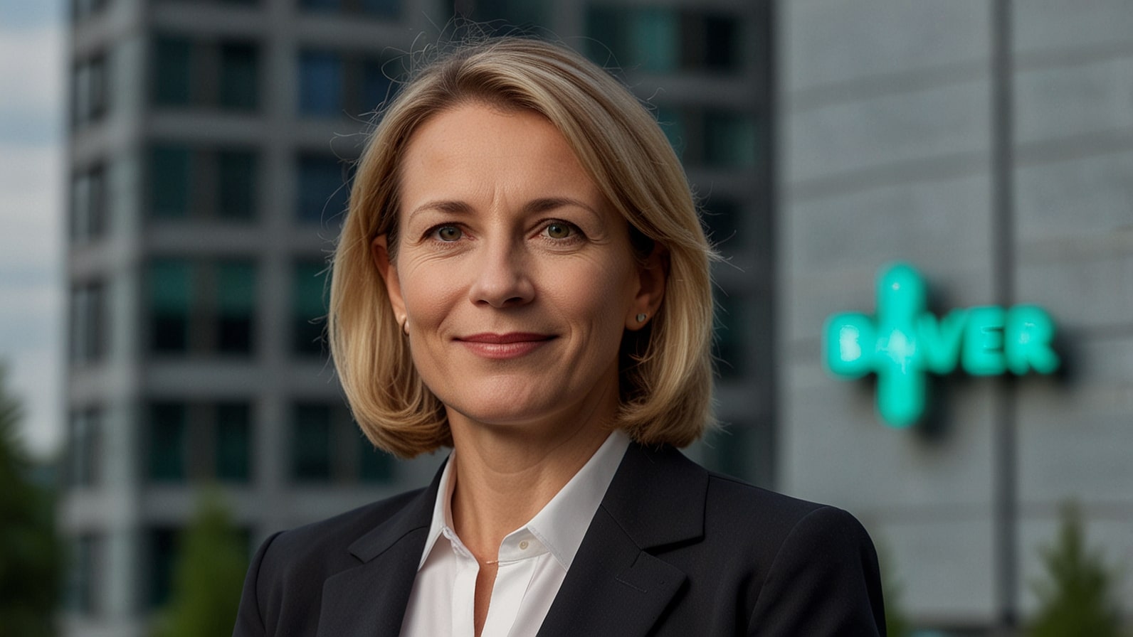 Dr. Judith Hartmann appointed as incoming Chief Financial Officer of Bayer AG, standing in front of Bayer headquarters in Leverkusen, Germany, announced November 2025