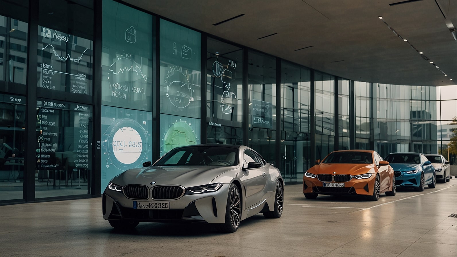 Dynamic image of BMW's Munich headquarters with overlaid financial charts depicting 5.2% margin growth and electric vehicle icons amid global trade symbols