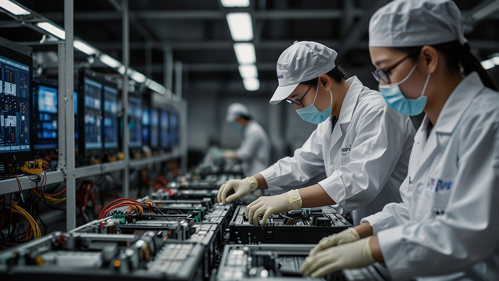 Foxconn Technology Group assembly line producing AI servers, highlighting third-quarter financial success and revenue from cloud computing in 2025