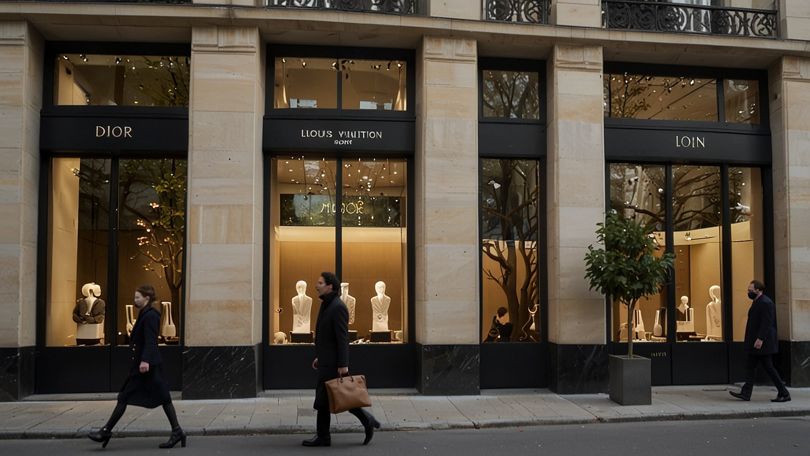 LVMH headquarters Avenue Montaigne Paris with Louis Vuitton Dior displays during €92 billion 2024 revenue announcement November 2025