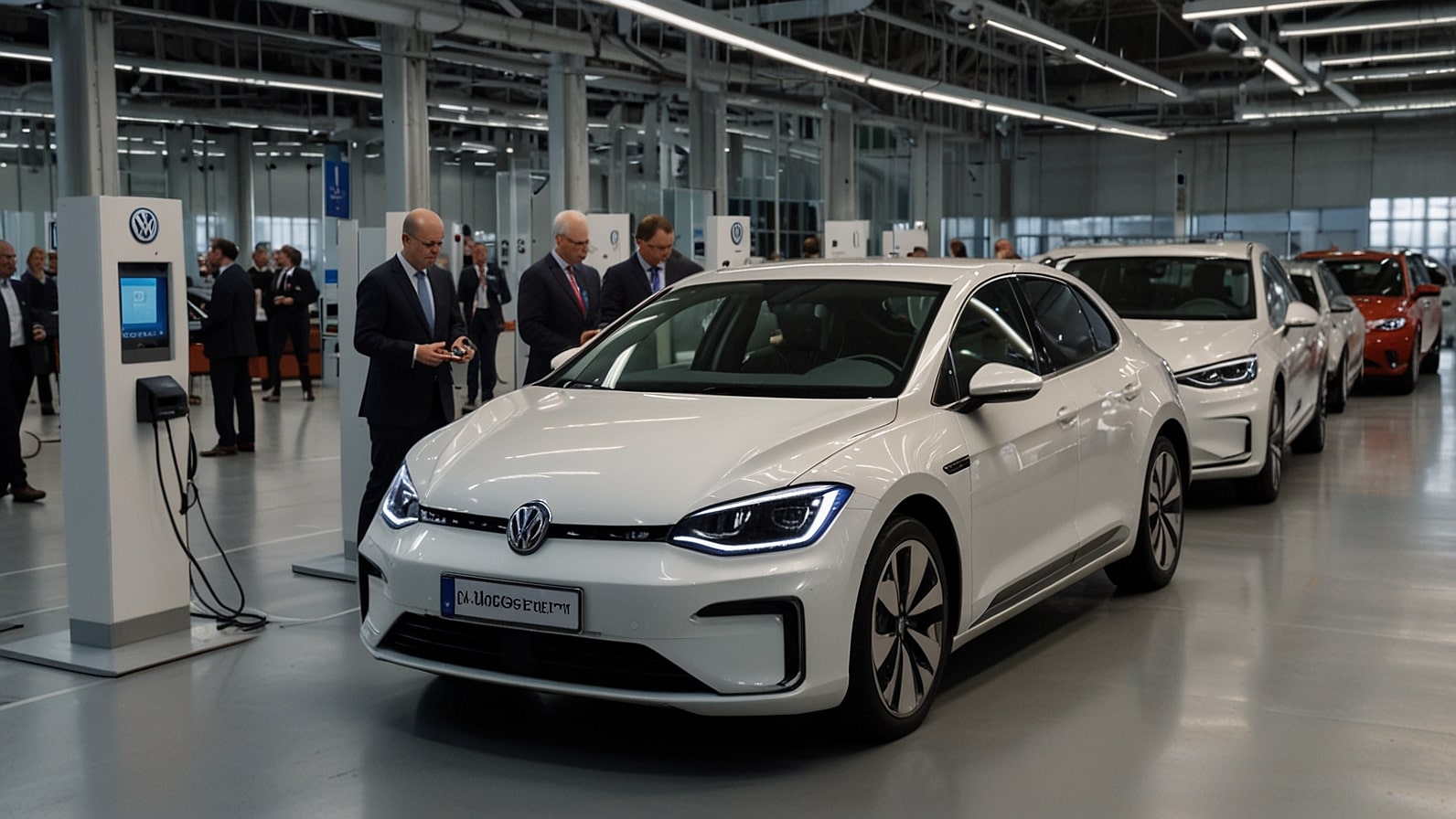 Volkswagen headquarters in Wolfsburg Germany with electric ID models during €10 billion efficiency and EV acceleration announcement November 2025